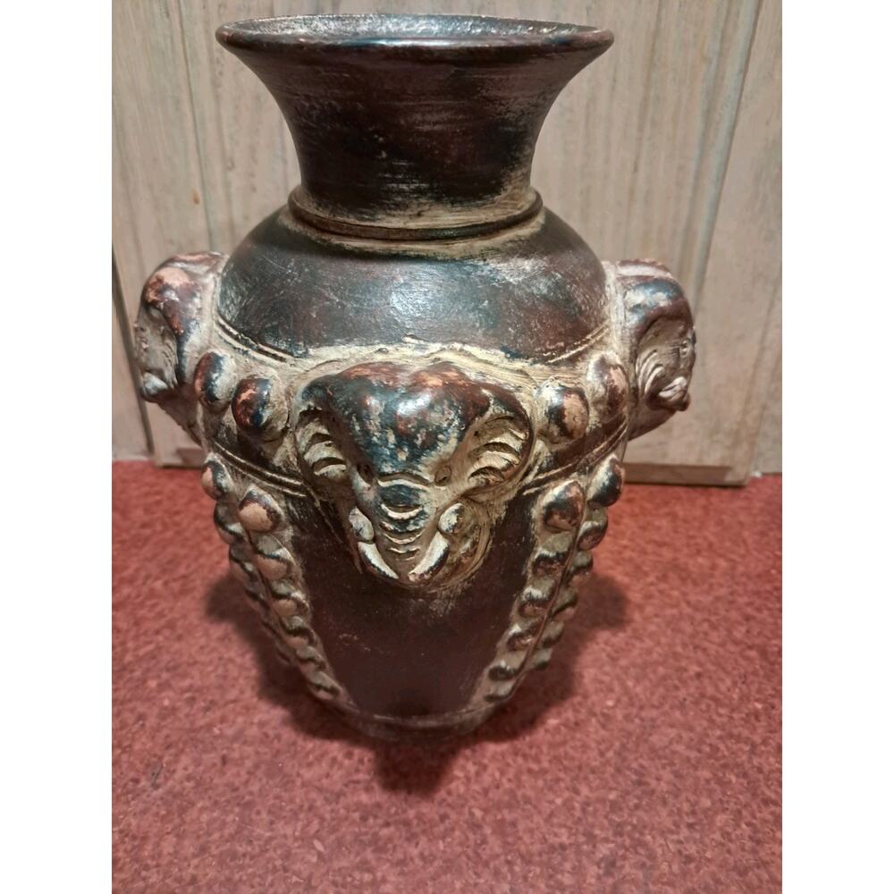 Vintage ceramic pottery vase with 3 elephants design , made in Thailand